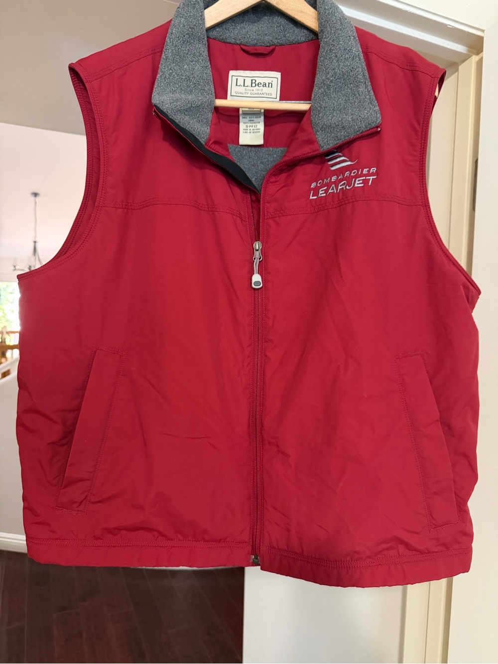 L.L. Bean Red Zip-Front Sleeveless Vest with Gray Collar